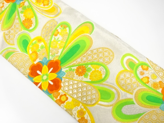 アンティーク　花に古典柄織り出し袋帯（着用可）